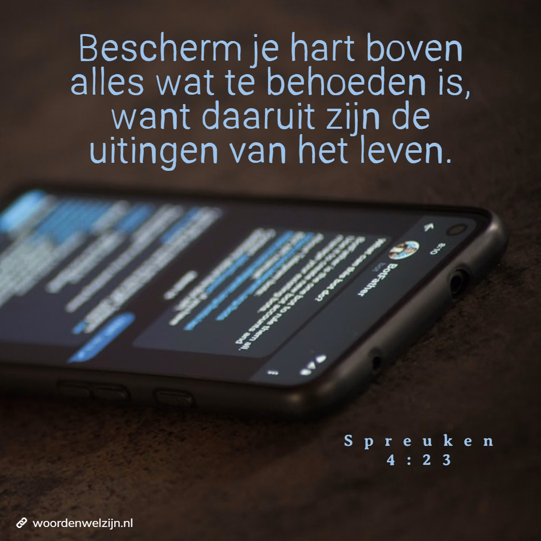Spreuken 4:23: ‘Bescherm je hart boven alles wat te bewaren is, want daaruit ontspringt de bron van je leven.’ Dat is geen oproep om bang te zijn voor de wereld, maar een uitnodiging om zorgvuldig om te gaan met wat we toelaten in ons binnenste'. Stop doomscrollen.