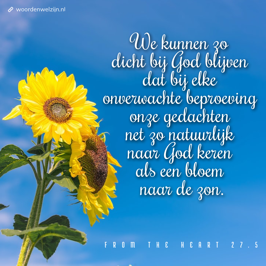 Gezondheid bemoedigende christelijke quote citaat Ellen White We kunnen zo dicht bij God blijven dat bij elke onverwachte beproeving onze gedachten net zo natuurlijk naar God kunnen keren als een bloem naar de zon. From the heart